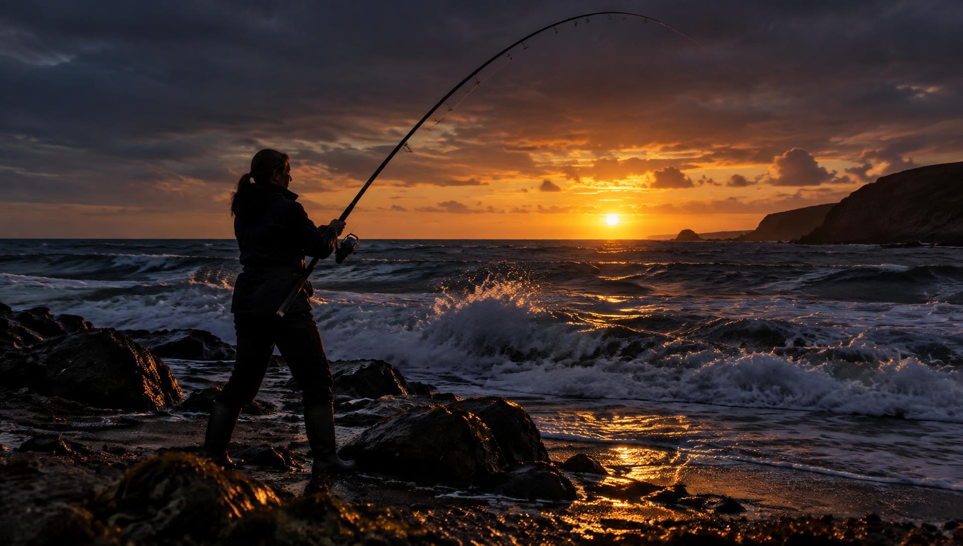 A woman shore angler casting into a breaking sea at sunset on a British beach